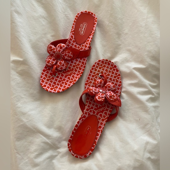 Coach Pattey Logo Flat Sandal with Flower Detailing size6.5 red/pink - Picture 5 of 10